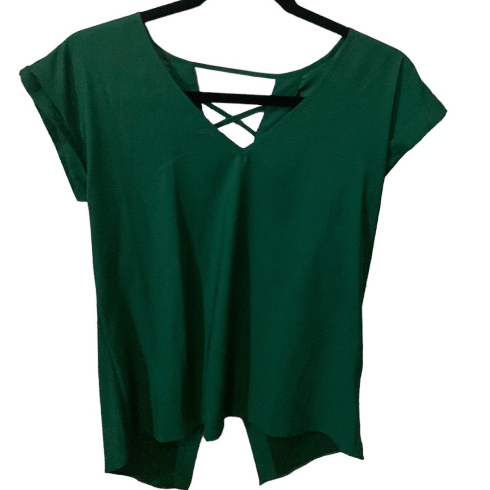 Express Dark Green Satin V-Neck Short Sleeved Blouse Size XS